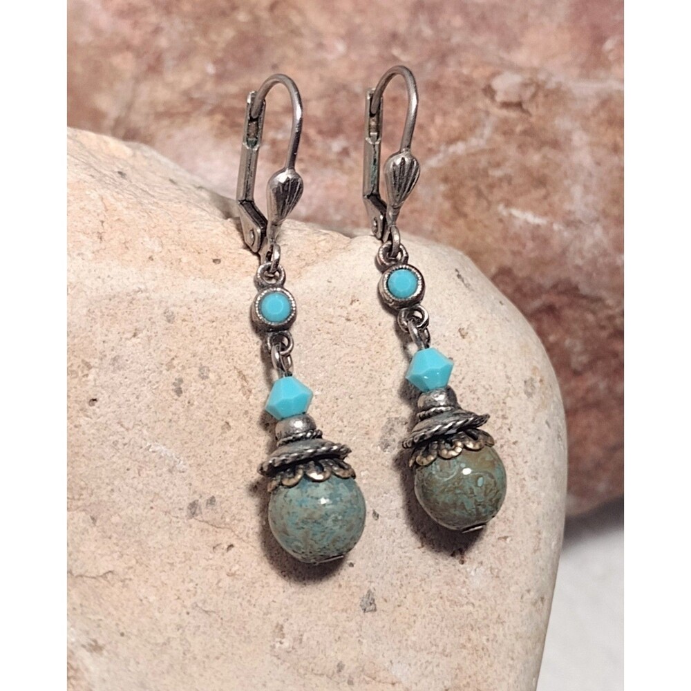 Vintage Green Stone Boho Leverback Dangle Earrings